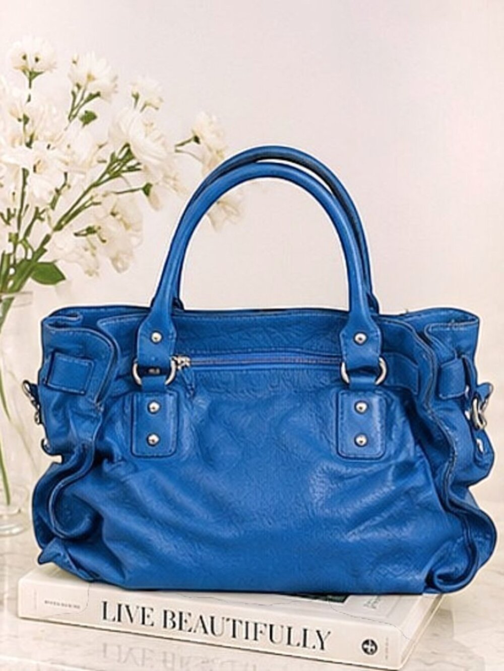 New Genuine Italian Leather Satchel Vibrant Luciana Verde Handbag – Cobalt Blue - Picture 6 of 9